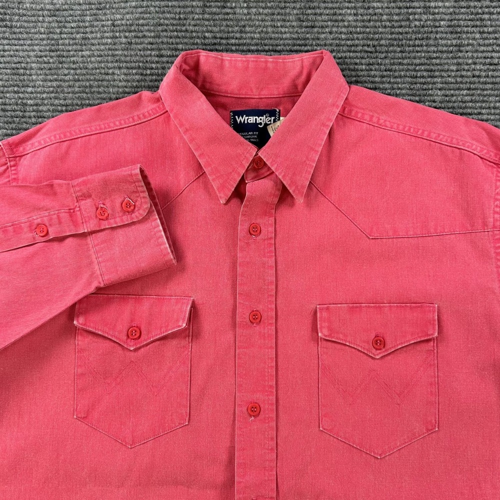 VTG Wrangler Regular Fit Button Up Brushpopper Shirt Men 17.5‎ X 36 X-Long Tails